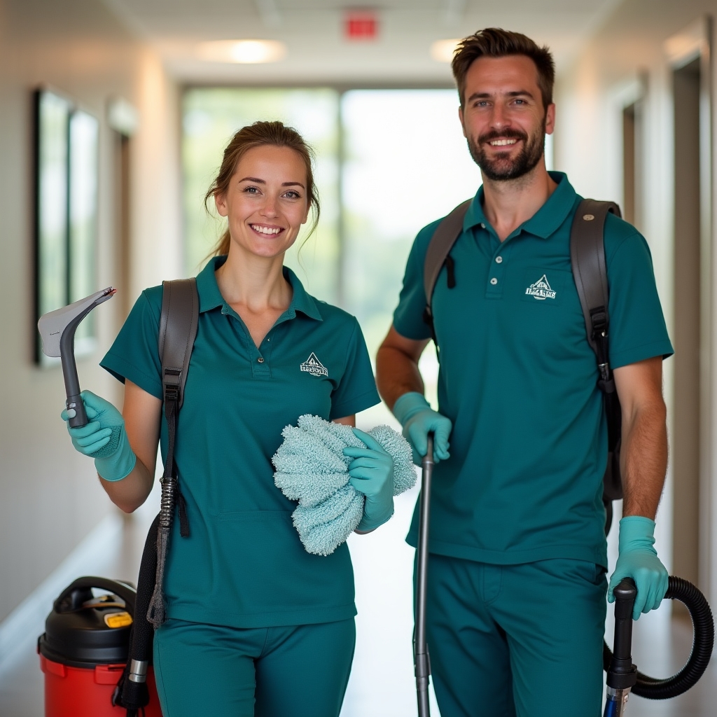 Professzionális takarítócsapat felszereléssel