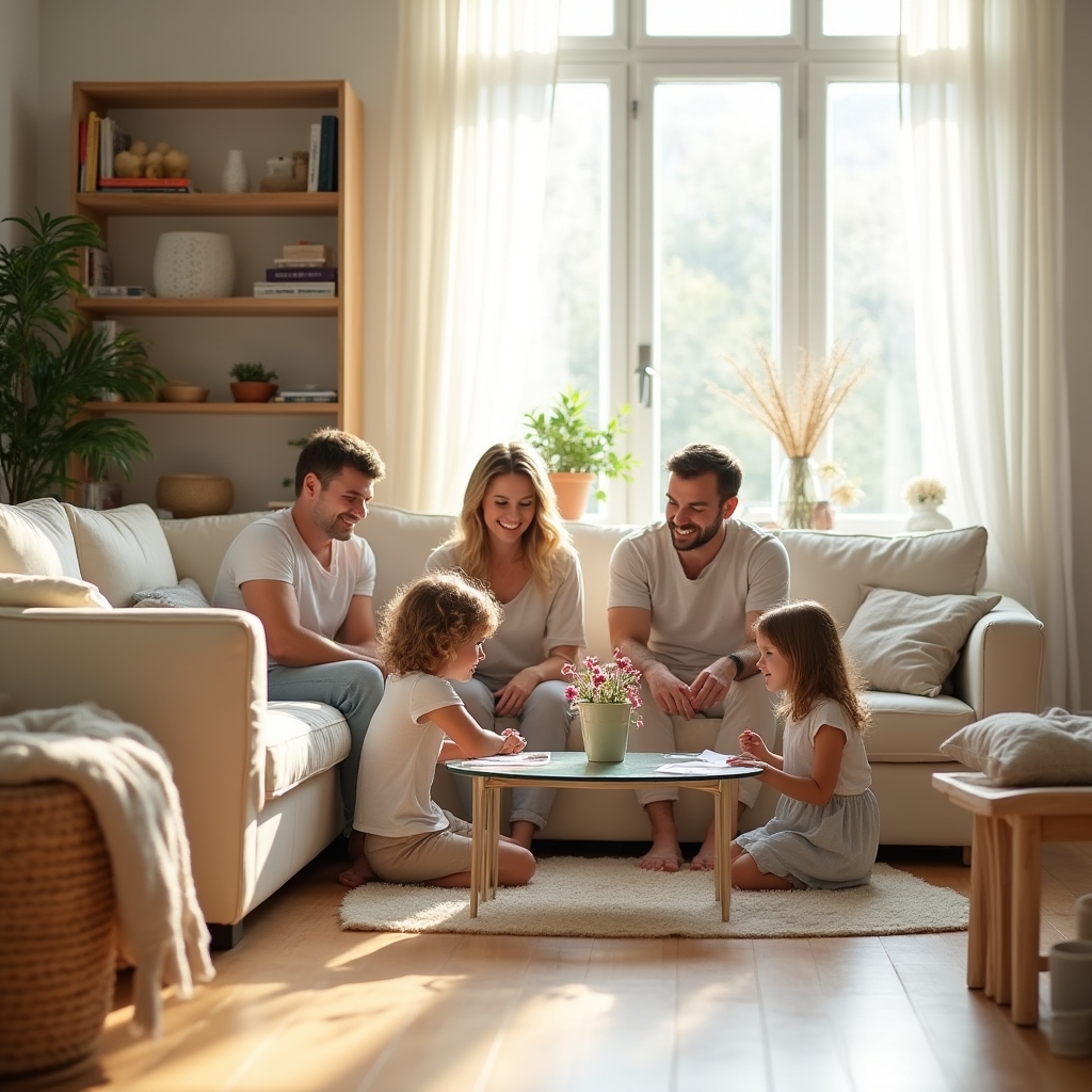 Rendezett, tiszta nappali szoba boldog családdal