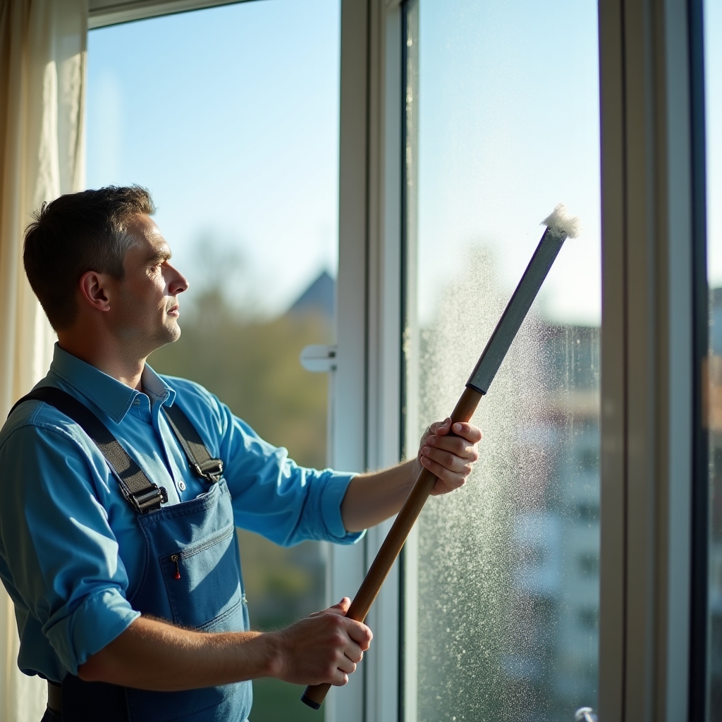 Professzionális ablaktisztítás folyamatban